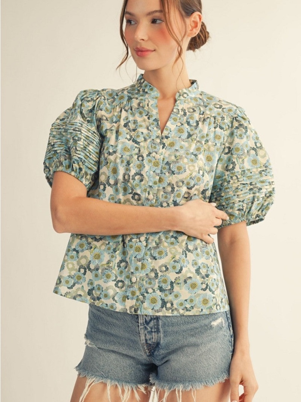 JODIFL Aqua Floral Puff-Sleeve Button-Up Blouse